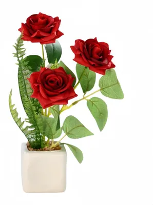 Künstliche Rosenpflanze 24 cm, Keramiktopf, Kunstseide, rot