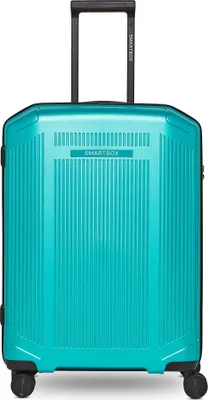 A teal metallic SMARTBOX medium trolley suitcase with a black retractable handle and wheels, shown from the front against a white background.