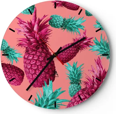 Produktbild von Wanduhr - Rund - Glasuhr - Ananas Obst Saft - 40x40cm - Schleichendes Uhrwerk - Lautlos - zum Aufhängen bereit - Dekoration Modern - Wanddekoration aus Glas - C3AR40x40-4031