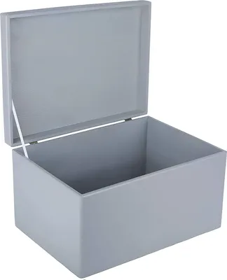 An open, empty, grey wooden storage box with its lid propped open.