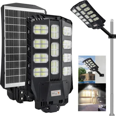 A collage of images showing a solar-powered LED street light, its components, and its application in different settings.