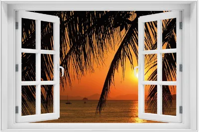 Produktbild von Wallario Wandbild mit Fenster-Illusion: Sonnenuntergang unter Palmenblättern, Größe: 61 x 91,5 cm, Poster mit weißem Aluminiumrahmen