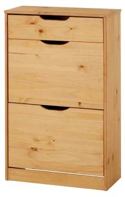 Produktbild von Schuhkipper Basil, schöner Schuhschrank aus Kiefer gebeizt/gewachst, praktische Schuhkommode mit 1 Schublade und 2 Kipper, Zeitlose Schuhablage im Landhausstil