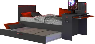 Immagine prodotto di Letto estraibile gamer 90 x 200 e 90 x 190 cm - con scrivania - illuminazione LED - antracite e rosso - VOUANI