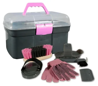 Produktbild von Pflegebox Pferd Putzbox Putzkasten - 6-teilig - Gefüllt - 31 x 19 x 22 cm - Grau