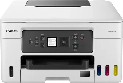 A front view of a white Canon MAXIFY GX 3050 printer with its control panel and ink cartridges visible.
