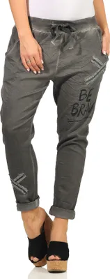 Produktbild von Mississhop Damen Hose Moderne Freizeithose Stoffhose Elegante Haremshose mit Textprint Größe 38 40 42 44 Mod. 313