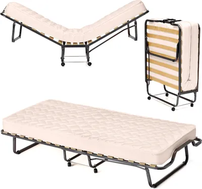 A collage of images showing a foldable guest bed in different states: partially folded, fully folded, and fully extended.