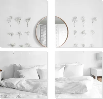 A collage of images showing a bedroom interior with decorative dried flowers on the wall and a bed with white linens.