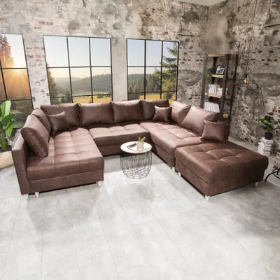 Produktbild von Moderne XXL Wohnlandschaft KENT 305cm braun Sofa mit Schlaffunktion Federkern inkl. Hocker und Kissen