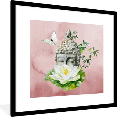 Produktbild von MuchoWow® MuchoWow® Gerahmtes Poster Buddha - Kopf - Blume 40x40 cm - Poster mit zchwarzem Bilderrahmen - Poster - Plakat im Rahmen