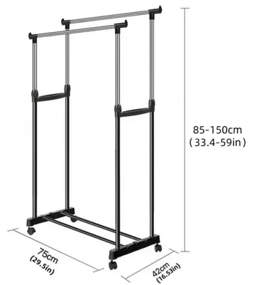 Image de Porte-vêtements sur roulettes - Double barre de suspension - Extensible - Réglable en hauteur - Rotation à 360° - Structure métallique - Noir