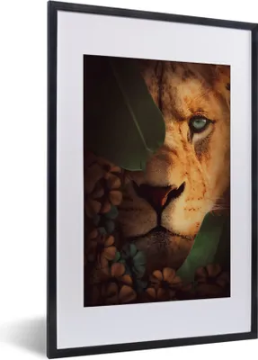 Produktbild von MuchoWow® MuchoWow® Gerahmtes Poster Löwe - Dschungel - Pflanzen 40x60 cm - Poster mit zchwarzem Bilderrahmen - Poster in Rahmen