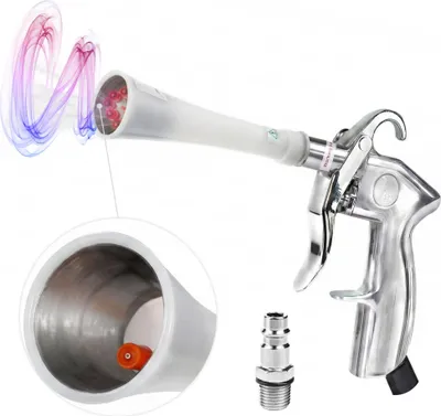 A cleaning gun with a close-up view of its nozzle and a demonstration of its airflow.