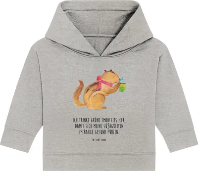 Produktbild von Mr. & Mrs. Panda Organic Baby Hoodie Eichhörnchen Smoothie 24. - 36. Monat - Heather Grey - Geschenk, Diät, Abnehmen, Kapuzensweatshirt, Green Smoothies, Lustige Sprüche