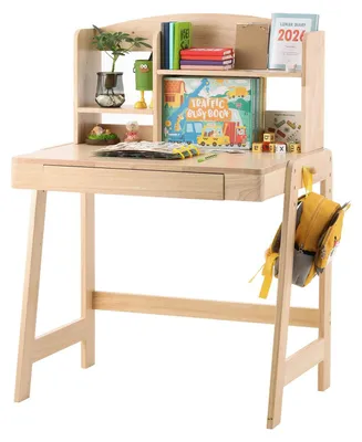 Productafbeelding van Zimilo kinderbureau van massief hout, in hoogte verstelbaar, in natuurlijke kleuren, met lade, plank, opbergruimte en haken, veiligheid gecertificeerd, geschikt voor kinderen vanaf 6 jaar