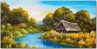 Produktbild von Coloray Küchenrückwand 100x50 Spritzschutz aus Glas - Wald Fluss Himmel Hütte