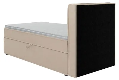 Image de Lit simple beige, 90x200 cm, avec sommier à ressorts, revêtement en tissu, comprenant matelas, espace de rangement et surmatelas