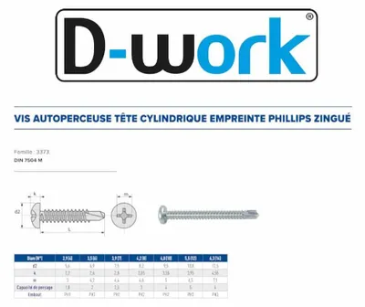 Image de 250 Vis Autoperceuses Tête Cylindrique Phillips 5.5 x 31.7 mm - DIN 7504 M - Zingué blanc - D-Work