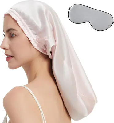 Obrázek produktu pro Hedvábná čepice na spaní 100% moruše s maskou na oči, extra dlouhá čepice pro dlouhé vlasy, kudrnaté vlasy, hladký hedvábný zábal na vlasy, růžová barva