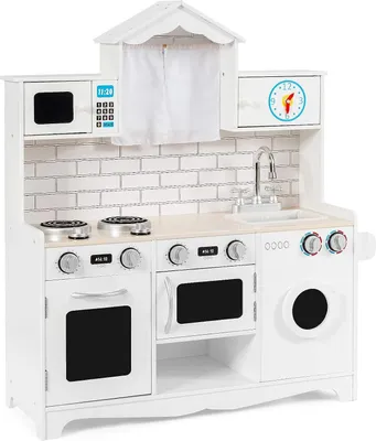 Produktbild von GOPLUS Kinderküche aus Holz, Holzküche Spielküche mit Waschbecken, Herd, Backoffen, Mikrowelle & Waschmaschine, Kinderrollenspiele für Kinder inkl. Spielzubehör, 78 x 29 x 93cm