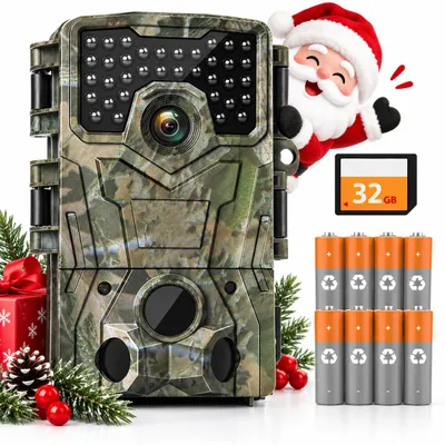 Zdjęcie produktu dla Kamera dzika z rozdzielczością 4K i matrycą 48 MP, z kartą 32 GB, 8 bateriami, czujnikiem ruchu, funkcją nocnej obserwacji, szerokokątnym obiektywem 120° i wodoszczelnością IP66, idealna do polowań