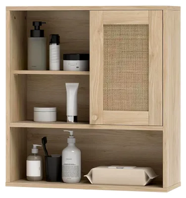 Produktbild von Wandschrank für das Badezimmer mit Rattan-Schiebetür und offenen Regalen, 60 x 20 x 65 cm, aus Naturholz