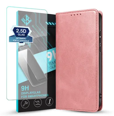 Produktbild von Handyhülle für Samsung Galaxy A27 5G mit 9H Displayglas Kunstleder Flip Cover Hülle Handytasche Case Kartenfach Farbe: Rosa