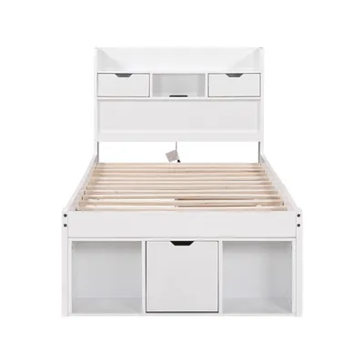 Produktbild von Flieks Holzbett Jugendbett 90x200cm mit USB, Klassisches Bett mit Schubladen, Stauraumbett mit Lattenrost, Kinderbett Einzelbett Funktionsbett, Weiß
