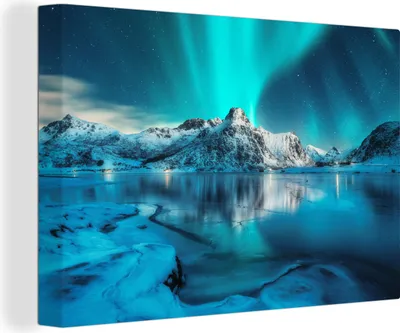 Obrázek produktu pro OneMillionCanvasses® Malba na plátně Nástěnná malba na plátně - Polární záře - Led - Sníh - Norsko - Modrá - Hory - 150x100cm