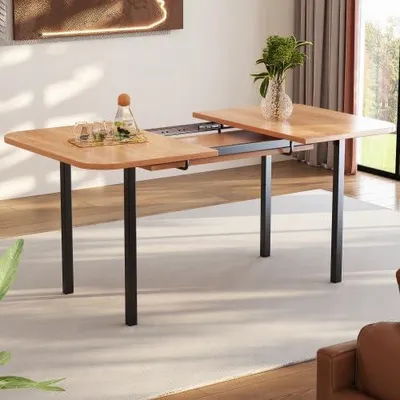 Image de Table extensible pour repas, dimensions 120-160 cm, aspect chêne. Table pliante télescopique, alliage haute résistance, table de cuisine moderne pour 4 à 6 personnes, couleurs naturelles