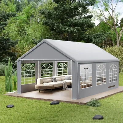 Obrázok produktu pre TRMLBE Párty stan 4x6 m Pavilón s nepremokavou strechou a odnímateľnými bočnými stenami Záhradný pavilón Stabilný zimovzdorný záhradný stan z PE tkaniny a kovovej rúrky Rodinný stan, sivý