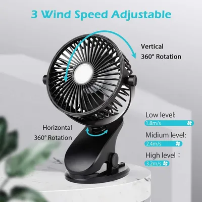 Produktbild von Tischventilator, Mini Clip Ventilator, 360° drehbarer Ventilator, 3 Geschwindigkeiten, Superleise Kinderwagen Ventilator, Schwarz