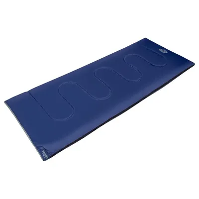 A navy blue sleeping bag is shown lying flat on a white background.