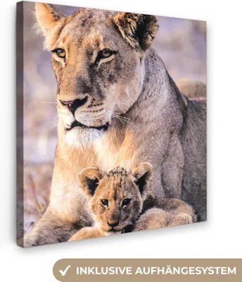 Produktbild von MuchoWow® - Leinwandbilder - Löwin - Löwe - Junges, Wandbild, Wanddeko Bilder Wohnzimmer, 90x90 cm