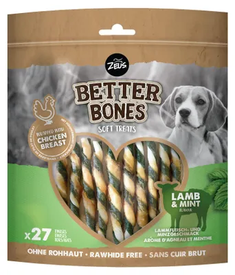 Produktbild von BetterBones Kausnack für Hunde, ohne Rohhaut, Lamm und Minze, 27er Pack