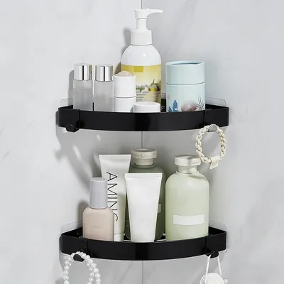 Immagine prodotto di Portasapone da doccia senza foratura - Scaffale angolare - Acciaio inossidabile - Porta shampoo - 2 pezzi - Nero - Portaoggetti per doccia
