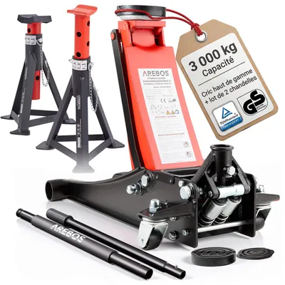 Image de Cric de manœuvre AREBOS 3T plat + 2 chandelles | Capacité de charge 3t