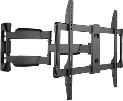 A black, articulated TV wall mount is shown against a white background.