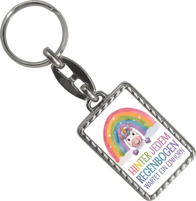 Produktbild von Lächelndes Einhorn Schlüsselanhänger mit Bordüre Hinter jedem Regenbogen