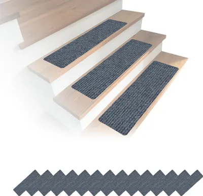 Produktbild von Relaxdays Stufenmatten 16er Set, rechteckige Treppenstufenmatten, 65 x 20 cm, selbsthaftende Treppenteppiche, hellgrau