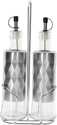 Produktbild von Cheffinger, Edelstahl Öl- und Essigflaschen 2x320ml mit Ständer Robust, Silber