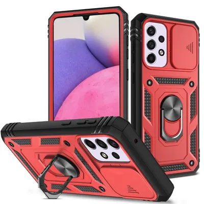 Image de Etui pour Samsung Galaxy A33 5G avec protection coulissante de l'appareil photo, résistant aux chocs, avec porte-anneau, support et porte-cartes Rouge