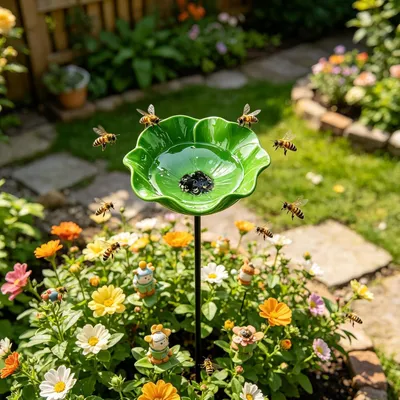 Produktbild von 1 Stuick, Vogeltränke Blume aus Metall,Handgefertigter Gartenstecker,Winterfeste Vogeltränke & Insektentränke,Bienentränke für Garten und Terrasse,Grü