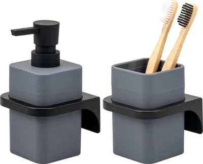 Produktbild von bremermann Bad-Accessoires Set SAVONA 2tlg. mit Soft-Touch Oberfläche, 1x Seifenspender, 1x Becher, Kunststoff grau