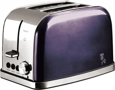 A studio shot of a purple and silver toaster.