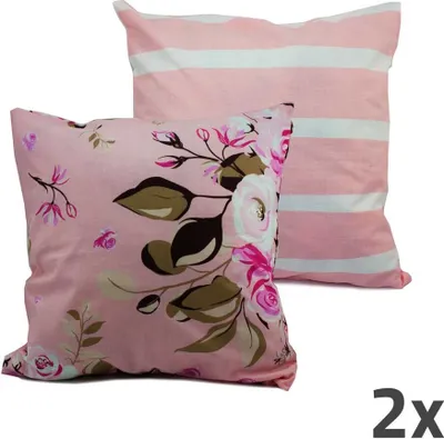 Obrázek produktu pro Home Elements Povlak na polštář růžový, růže a proužky, sada 2 ks