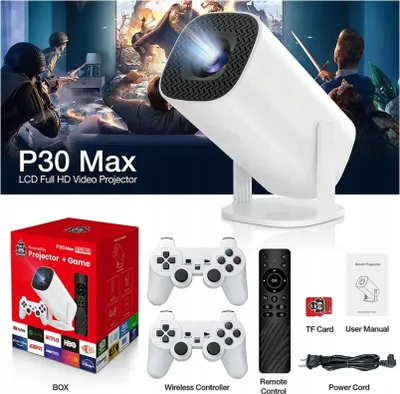 A collage of product images showing a projector, controllers, box, and accessories, with a background image of people playing video games.