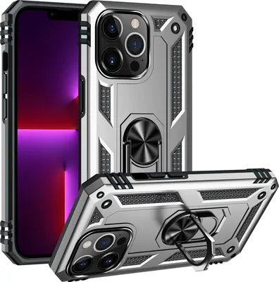 Produktbild von Schutzhülle für iPhone 14 Pro, Dual Layer Militäre Fallschutz Hülle mit Ringhalterung Ständer für iPhone 14 Pro Silber