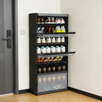 Obrázek produktu pro Stojan na boty, 8 přihrádek, skříňka na boty se dveřmi, pro 24 párů bot, modulární plastový stojan, vhodný do předsíně, ložnice